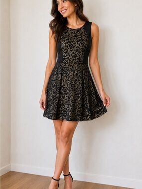 Must Have Black Gold Floral Mini Fit & Flare Jacquard Skater Style Dress LBD